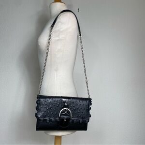 Isabella Adams Women's Black Leather Embossed Flap Chainlink Shoulder Bag Clutch